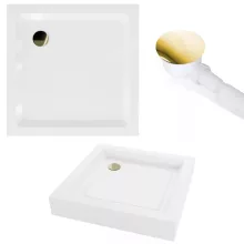 HD Elio Gold 70x70 szögletes két tolóajtós zuhanykabin fehér magas zuhanytálcával és arany szifonnal, arany elemekkel, 190 cm magas