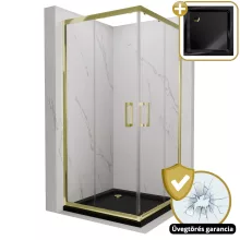 HD Elio Gold 80x80 szögletes két tolóajtós zuhanykabin fekete slim zuhanytálcával és arany szifonnal, arany elemekkel, 190 cm magas