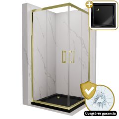   HD Elio Gold 80x80 szögletes két tolóajtós zuhanykabin fekete slim zuhanytálcával és arany szifonnal, arany elemekkel, 190 cm magas