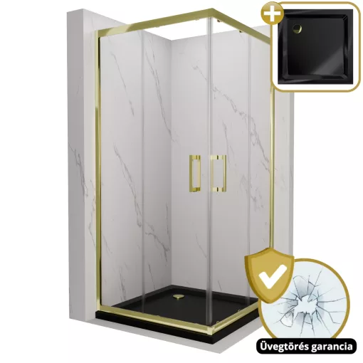 HD Elio Gold 80x80 szögletes két tolóajtós zuhanykabin fekete slim zuhanytálcával és arany szifonnal, arany elemekkel, 190 cm magas