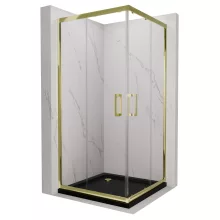 HD Elio Gold 80x80 szögletes két tolóajtós zuhanykabin fekete slim zuhanytálcával és arany szifonnal, arany elemekkel, 190 cm magas