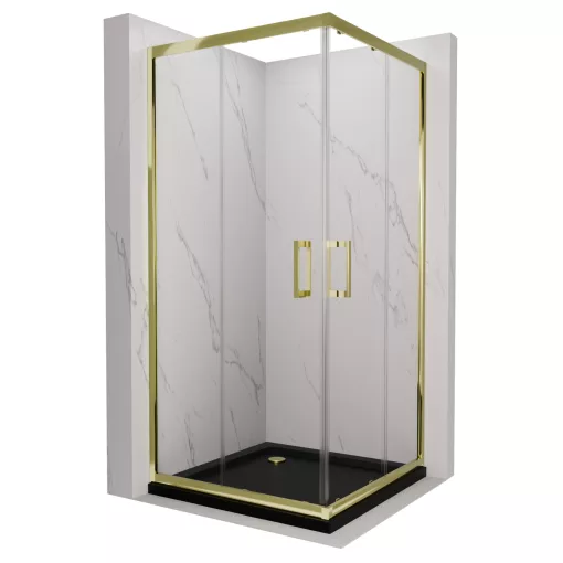HD Elio Gold 80x80 szögletes két tolóajtós zuhanykabin fekete slim zuhanytálcával és arany szifonnal, arany elemekkel, 190 cm magas
