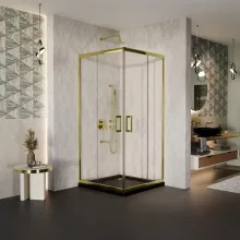 HD Elio Gold 80x80 szögletes két tolóajtós zuhanykabin fekete slim zuhanytálcával és arany szifonnal, arany elemekkel, 190 cm magas