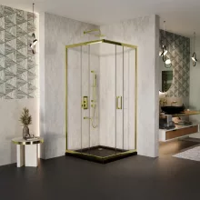 HD Elio Gold 80x80 szögletes két tolóajtós zuhanykabin fekete slim zuhanytálcával és arany szifonnal, arany elemekkel, 190 cm magas