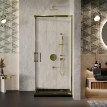 HD Elio Gold 80x80 szögletes két tolóajtós zuhanykabin fekete slim zuhanytálcával és arany szifonnal, arany elemekkel, 190 cm magas