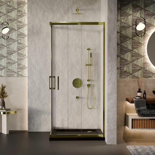 HD Elio Gold 80x80 szögletes két tolóajtós zuhanykabin fekete slim zuhanytálcával és arany szifonnal, arany elemekkel, 190 cm magas