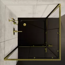 HD Elio Gold 80x80 szögletes két tolóajtós zuhanykabin fekete slim zuhanytálcával és arany szifonnal, arany elemekkel, 190 cm magas