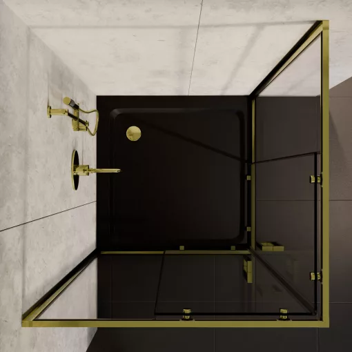 HD Elio Gold 80x80 szögletes két tolóajtós zuhanykabin fekete slim zuhanytálcával és arany szifonnal, arany elemekkel, 190 cm magas