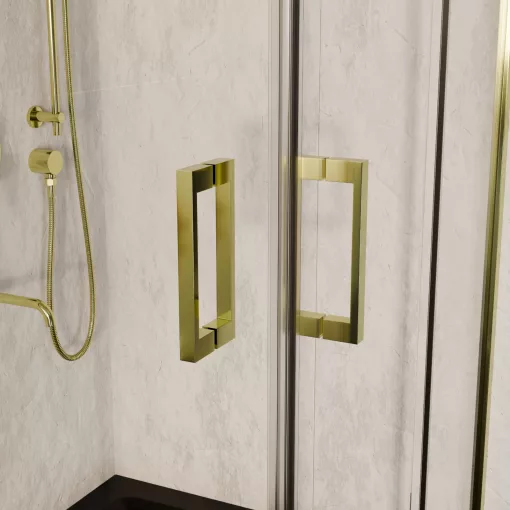 HD Elio Gold 80x80 szögletes két tolóajtós zuhanykabin fekete slim zuhanytálcával és arany szifonnal, arany elemekkel, 190 cm magas