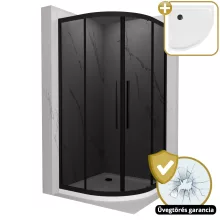 HD Fusion+ 80x80 íves két tolóajtós sötétített zuhanykabin fehér slim zuhanytálcával és fekete szifonnal, fekete színű elemekkel, 190 cm magas
