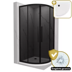   HD Fusion+ 80x80 íves két tolóajtós sötétített zuhanykabin fehér slim zuhanytálcával és fekete szifonnal, fekete színű elemekkel, 190 cm magas