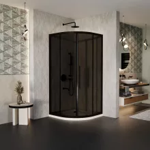 HD Fusion+ 80x80 íves két tolóajtós sötétített zuhanykabin fehér slim zuhanytálcával és fekete szifonnal, fekete színű elemekkel, 190 cm magas