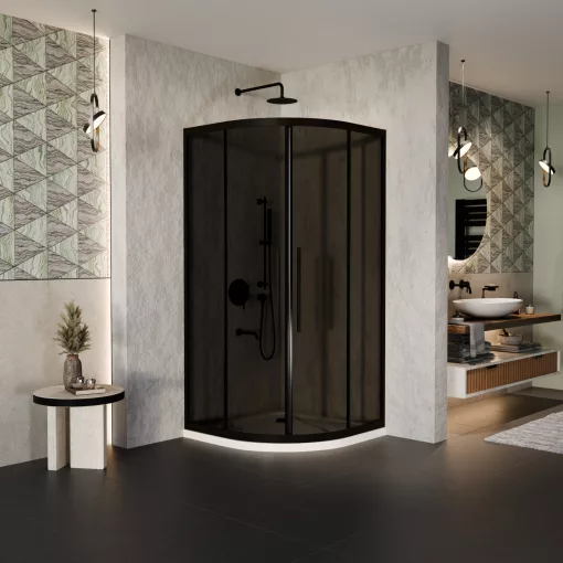 HD Fusion+ 80x80 íves két tolóajtós sötétített zuhanykabin fehér slim zuhanytálcával és fekete szifonnal, fekete színű elemekkel, 190 cm magas
