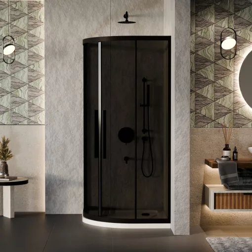 HD Fusion+ 80x80 íves két tolóajtós sötétített zuhanykabin fehér slim zuhanytálcával és fekete szifonnal, fekete színű elemekkel, 190 cm magas