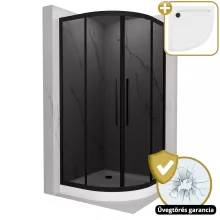 HD Fusion+ 90x90 íves két tolóajtós sötétített zuhanykabin fehér magas zuhanytálcával és fekete szifonnal, fekete színű elemekkel, 190 cm magas
