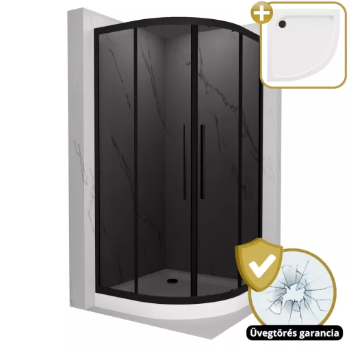 HD Fusion+ 90x90 íves két tolóajtós sötétített zuhanykabin fehér magas zuhanytálcával és fekete szifonnal, fekete színű elemekkel, 190 cm magas