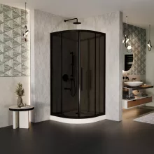 HD Fusion+ 90x90 íves két tolóajtós sötétített zuhanykabin fehér magas zuhanytálcával és fekete szifonnal, fekete színű elemekkel, 190 cm magas