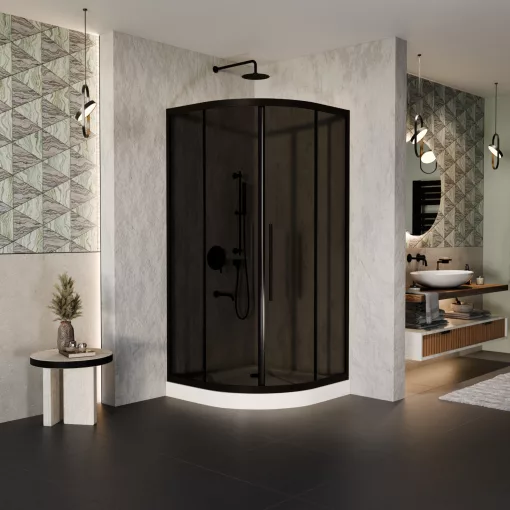 HD Fusion+ 90x90 íves két tolóajtós sötétített zuhanykabin fehér magas zuhanytálcával és fekete szifonnal, fekete színű elemekkel, 190 cm magas