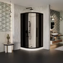 HD Fusion+ 90x90 íves két tolóajtós sötétített zuhanykabin fehér magas zuhanytálcával és fekete szifonnal, fekete színű elemekkel, 190 cm magas