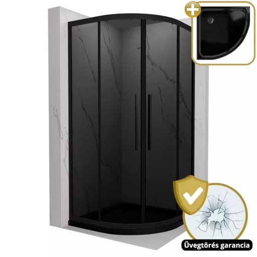 HD Fusion+ 90x90 íves két tolóajtós sötétített zuhanykabin fekete slim zuhanytálcával és fekete szifonnal, fekete színű elemekkel, 190 cm magas