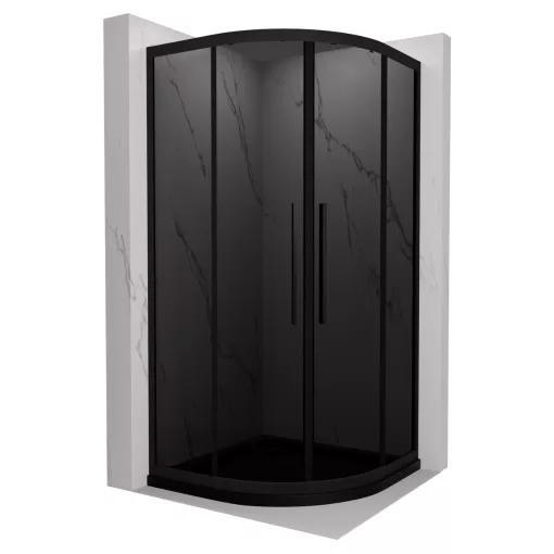 HD Fusion+ 90x90 íves két tolóajtós sötétített zuhanykabin fekete slim zuhanytálcával és fekete szifonnal, fekete színű elemekkel, 190 cm magas