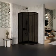 HD Fusion+ 90x90 íves két tolóajtós sötétített zuhanykabin fekete slim zuhanytálcával és fekete szifonnal, fekete színű elemekkel, 190 cm magas