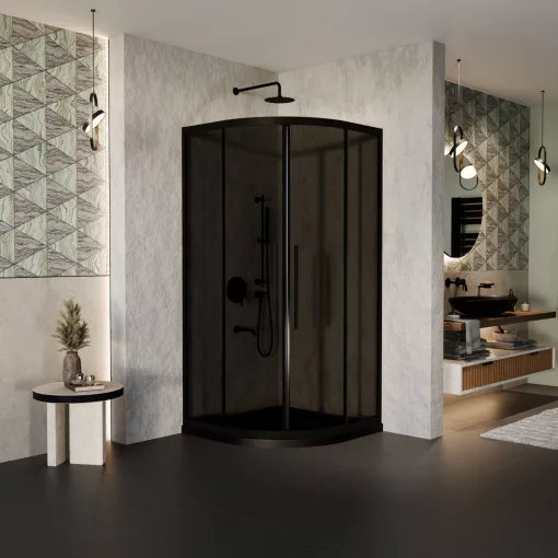 HD Fusion+ 90x90 íves két tolóajtós sötétített zuhanykabin fekete slim zuhanytálcával és fekete szifonnal, fekete színű elemekkel, 190 cm magas