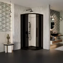 HD Fusion+ 90x90 íves két tolóajtós sötétített zuhanykabin fekete slim zuhanytálcával és fekete szifonnal, fekete színű elemekkel, 190 cm magas