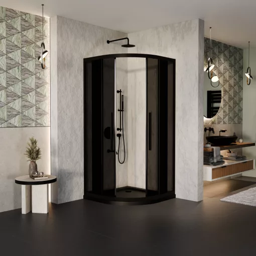 HD Fusion+ 90x90 íves két tolóajtós sötétített zuhanykabin fekete slim zuhanytálcával és fekete szifonnal, fekete színű elemekkel, 190 cm magas