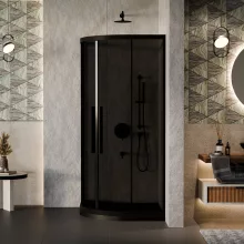 HD Fusion+ 90x90 íves két tolóajtós sötétített zuhanykabin fekete slim zuhanytálcával és fekete szifonnal, fekete színű elemekkel, 190 cm magas