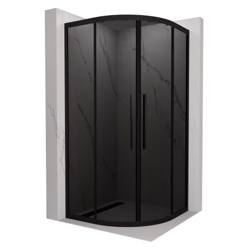 HD Fusion+ 90x90 íves két tolóajtós sötétített zuhanykabin 6 mm vastag vízlepergető biztonsági üveggel, fekete színű elemekkel, 190 cm magas
