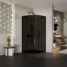 HD Fusion+ 90x90 íves két tolóajtós sötétített zuhanykabin 6 mm vastag vízlepergető biztonsági üveggel, fekete színű elemekkel, 190 cm magas