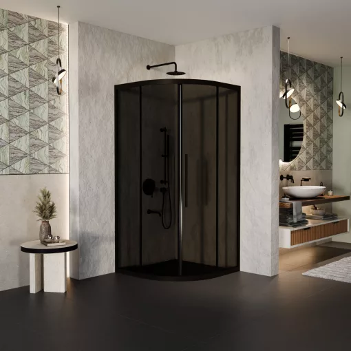 HD Fusion+ 90x90 íves két tolóajtós sötétített zuhanykabin 6 mm vastag vízlepergető biztonsági üveggel, fekete színű elemekkel, 190 cm magas