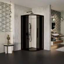 HD Fusion+ 90x90 íves két tolóajtós sötétített zuhanykabin 6 mm vastag vízlepergető biztonsági üveggel, fekete színű elemekkel, 190 cm magas