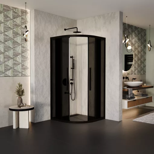 HD Fusion+ 90x90 íves két tolóajtós sötétített zuhanykabin 6 mm vastag vízlepergető biztonsági üveggel, fekete színű elemekkel, 190 cm magas