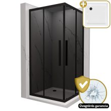 HD Fusion+ 100x100 szögletes két tolóajtós sötétített zuhanykabin fehér slim zuhanytálcával és fekete szifonnal, fekete színű elemekkel, 190 cm magas