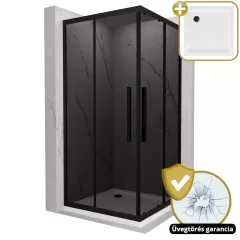   HD Fusion+ szögletes két tolóajtós sötétített zuhanykabin fehér slim zuhanytálcával és fekete szifonnal, fekete színű elemekkel, 190 cm magas