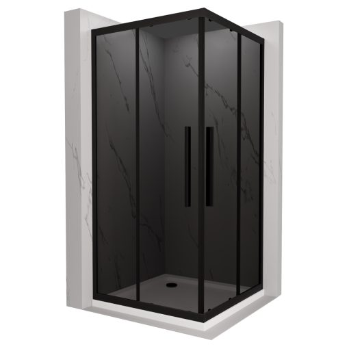 HD Fusion+ 100x100 szögletes két tolóajtós sötétített zuhanykabin fehér slim zuhanytálcával és fekete szifonnal, fekete színű elemekkel, 190 cm magas