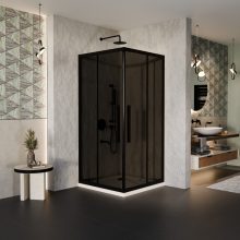 HD Fusion+ 100x100 szögletes két tolóajtós sötétített zuhanykabin fehér slim zuhanytálcával és fekete szifonnal, fekete színű elemekkel, 190 cm magas