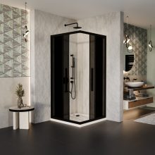 HD Fusion+ 100x100 szögletes két tolóajtós sötétített zuhanykabin fehér slim zuhanytálcával és fekete szifonnal, fekete színű elemekkel, 190 cm magas