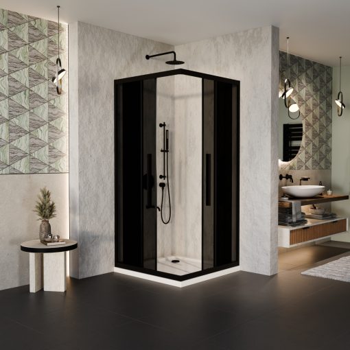 HD Fusion+ 100x100 szögletes két tolóajtós sötétített zuhanykabin fehér slim zuhanytálcával és fekete szifonnal, fekete színű elemekkel, 190 cm magas