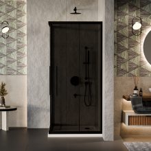 HD Fusion+ 100x100 szögletes két tolóajtós sötétített zuhanykabin fehér slim zuhanytálcával és fekete szifonnal, fekete színű elemekkel, 190 cm magas