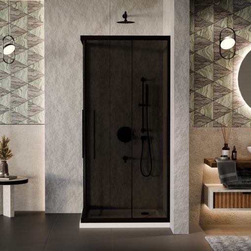 HD Fusion+ 100x100 szögletes két tolóajtós sötétített zuhanykabin fehér slim zuhanytálcával és fekete szifonnal, fekete színű elemekkel, 190 cm magas