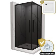 HD Fusion+ 70x70 szögletes két tolóajtós sötétített zuhanykabin fehér magas zuhanytálcával és fekete szifonnal, fekete színű elemekkel, 190 cm magas