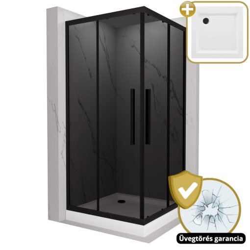 HD Fusion+ 70x70 szögletes két tolóajtós sötétített zuhanykabin fehér magas zuhanytálcával és fekete szifonnal, fekete színű elemekkel, 190 cm magas