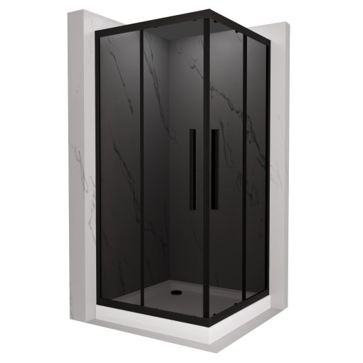 HD Fusion+ 70x70 szögletes két tolóajtós sötétített zuhanykabin fehér magas zuhanytálcával és fekete szifonnal, fekete színű elemekkel, 190 cm magas