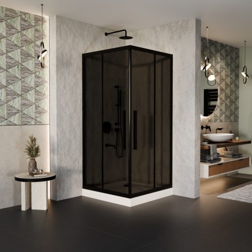 HD Fusion+ 70x70 szögletes két tolóajtós sötétített zuhanykabin fehér magas zuhanytálcával és fekete szifonnal, fekete színű elemekkel, 190 cm magas