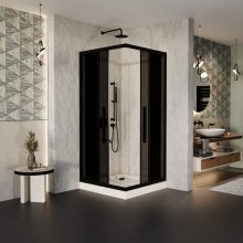 HD Fusion+ 70x70 szögletes két tolóajtós sötétített zuhanykabin fehér magas zuhanytálcával és fekete szifonnal, fekete színű elemekkel, 190 cm magas