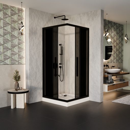 HD Fusion+ 70x70 szögletes két tolóajtós sötétített zuhanykabin fehér magas zuhanytálcával és fekete szifonnal, fekete színű elemekkel, 190 cm magas