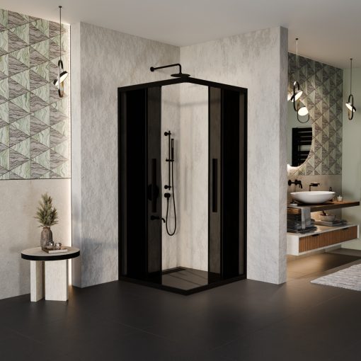 HD Fusion+ 100x100 szögletes két tolóajtós sötétített zuhanykabin 6 mm vastag vízlepergető biztonsági üveggel, fekete színű elemekkel, 190 cm magas